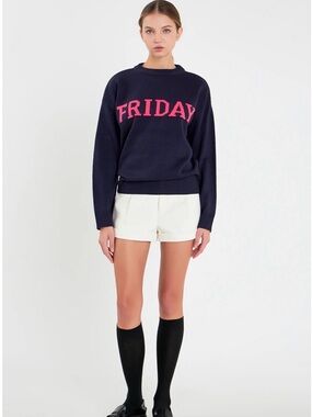 English Factory Navy Sweater with Pink Letters US Size: Medium (Runs Sl. Large)